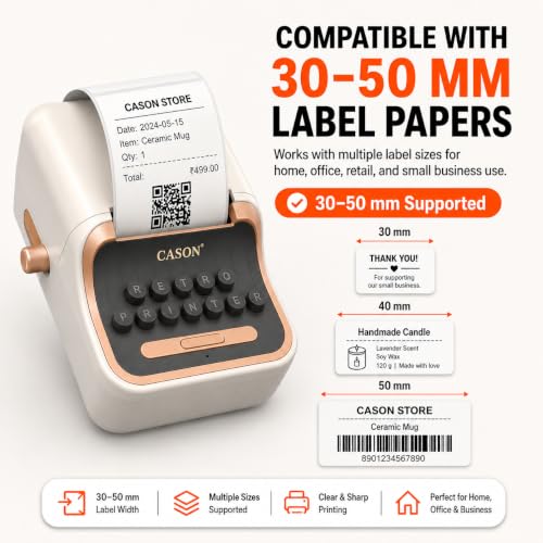 Image of CASON Mini Label Printer Machine | Vintage Thermal Label Maker for Home, Office, Storage, Packaging & Small Business, Bottle Label Machine,30-52mm Label Adjustable Paper
