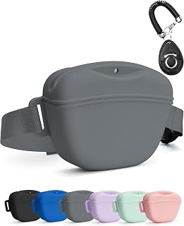 Gray Silicone Dog Treat Pouch with Waist Belt, Puppy Training Clicker Kit, Portable Pet Reward Bag, Outdoor Walking Animal Snack Holder