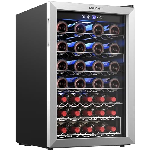 Image of EUHOMY 45 Bottle Wine Cooler Refrigerator, Wine Fridge with Stainless Steel Glass Door for Red, White and Champagne, Mini Fridge with Adjust Temperature for Home Kitchen Bar 4.5 Cu.Ft, Silver