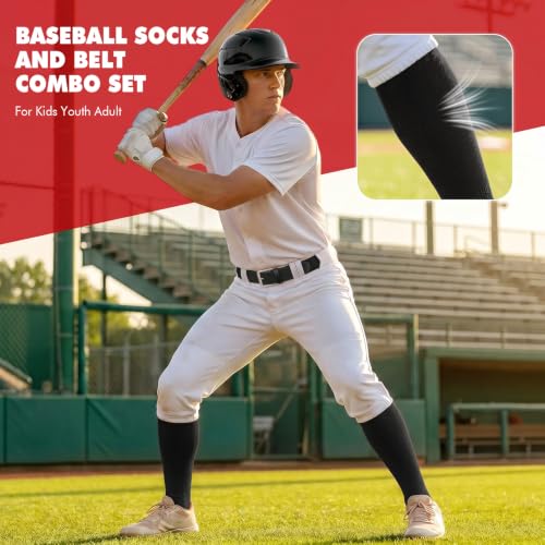 Image of WHIPPY Baseball Socks and Belt Combo Set Knee-High Softball Socks & Adjustable Elastic Belt for Kids Youth Adult