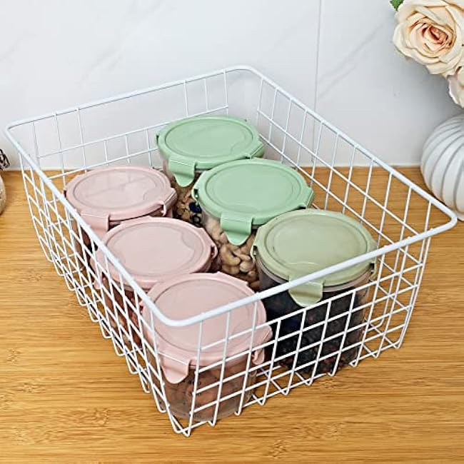 14 Upright Freezer Storage Baskets, White Wire Storage Bins Large Bakset for Freezer, Pantry, Bathroom Organizing, Set of 4