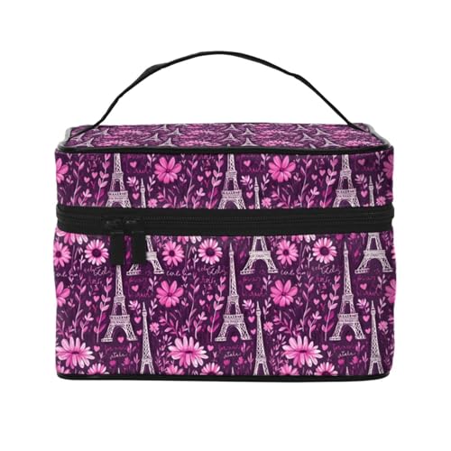Pink Flower Eiffel Tower Print Makeup Bag Toiletry Bags, Cute Cosmetic Bags for Women, Large Travel Make Up Organizer Bag