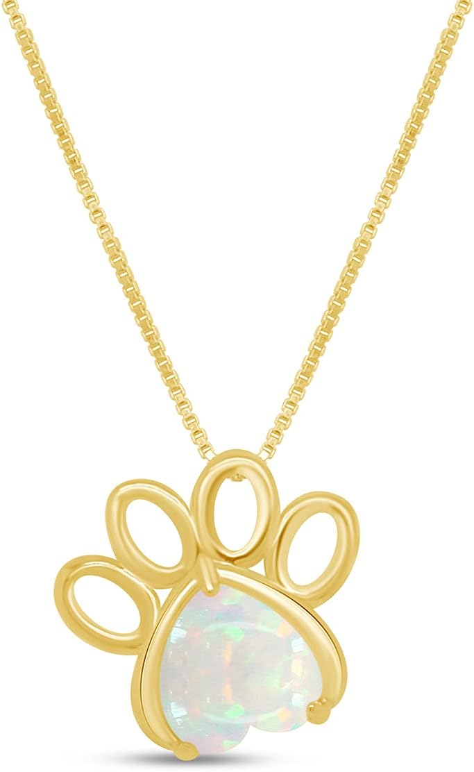AFFY 7MM Heart Cut White Created Opal Paw Print Pendant Necklace In 14K Gold Plated 925 Sterling Silver Along With 18"+2" Adjustable Chain