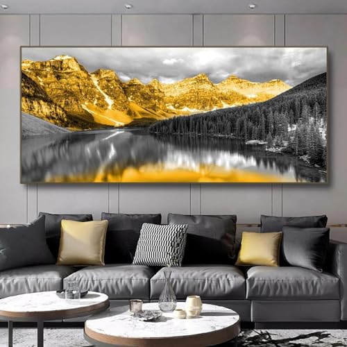 Peinture sur toile montagnes dorées et lac noir tableau salon 65x130cm
