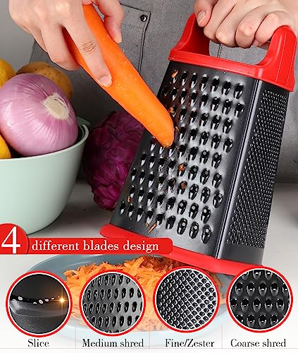 Ourokhome Box Grater With Container - 4 In 1 Stainless Steel Manual Kitchen Veggie Shredder Slicer Zester For Parmesan Cheese, Vegetable, Ginger, Coconut, Potato (Red And Black) #TOP1