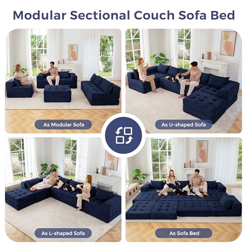 Image of MAXYOYO Modular Sectional Sofa Couch, Foldable U Shaped Cloud Couch with Pillows, Tufted 7-Seat Boneless Lounger Floor Sofa Bed for Living Room, No Assembly Required, Navy