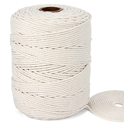 Blisstime Macrame Cord 4mm X 328 Yards Cotton Macrame Rope 4 Strand Twisted Cotton Cord Soft Undyed Cotton Rope for Wall Hangings, Plant Hangers, Crafts, Knitting, Decorative Projects