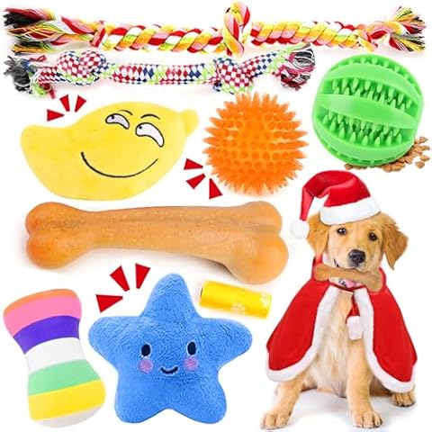 PUPTILY Christmas Dog Toys 9 Pack, Santa Squeaky Plush Puppy Chew Toys, Durable Interactive Rope Toys for Teething, Treating Ball and Bone Rubber Toys for Small Dogs Cover