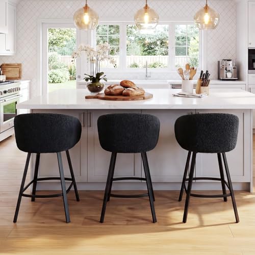 Image of Zesthouse 26'' Modern Counter Height Bar Stools Set of 3, Swivel Barstools with Arms & Backs for Kitchen Counter, Upholstered Black Sherpa Fabric Bar Stools, Kitchen Island Chairs with Metal Legs