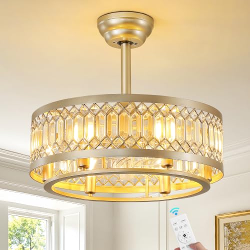 Image of 20 inch Gold Crystal Caged Ceiling Fan with Light, Modern Industrial Chandelier with Remote, 6 Speeds, Noiseless DC Motor, Enclosed Fandelier for Living Room Bedroom Nursery