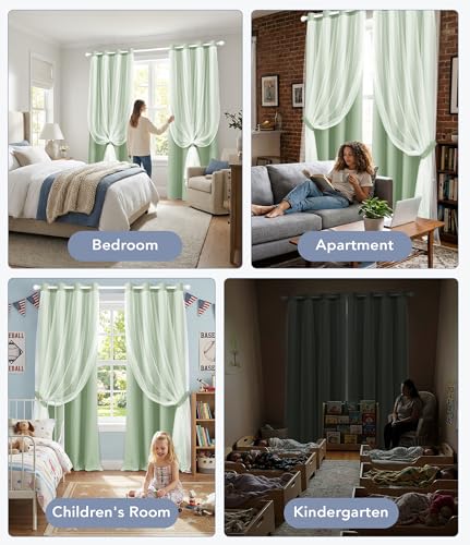 Image of 100% Blackout Curtains with Sheer Overlay, Sage, 52 x 84 inch, 2 Panels | For Bedroom Living Room Window, Room Darkening, Thermal Insulated, Grommet Top, Summer Heat Blocking, Double Layer Design