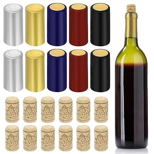 Swpeet 60 cápsulas termorretráctiles de PVC de 5 colores plateadas, negras, rojas, doradas, azules, y tapas de corcho para botellas de vino, tapón de sellado con envoltura retráctil para botellas de