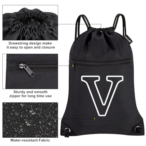 Image of HOLYLUCK Drawstring Bags Initial Backpack Sackpack Cinch Bags for Sports, Gym, Travel, Beach (Black-V)