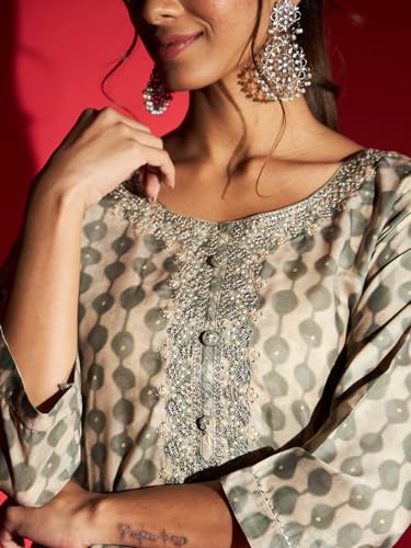 Image of Naixa Women's Pure Muslin Printed and Embroidered Straight Kurta with Pant and Dupatta Set (R-Taniya)