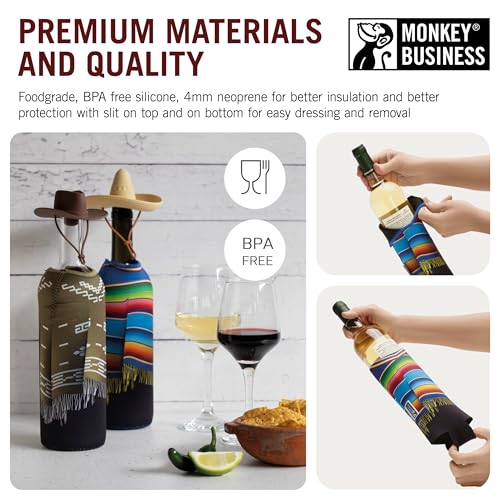 Image of Monkey Business Giftbox for Wine Lovers - 2 Neoprene Wine Bottle Poncho Covers + 2 Silicone Wine Stoppers - Funny Wine Gifts for Hosts and Parties - Insulated Wine Sleeves - Fits 750ml Bottles