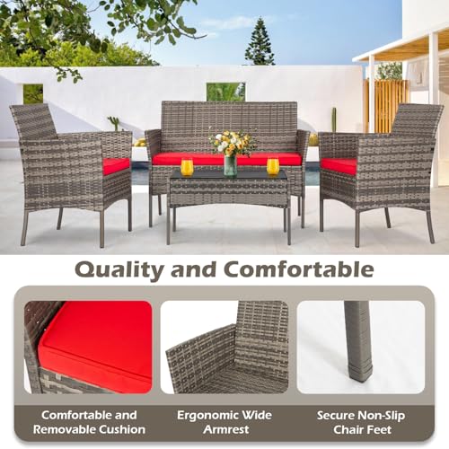 Image of FDW 4-Piece Patio Furniture Set | Gray & Red |Outdoor Wicker Furniture