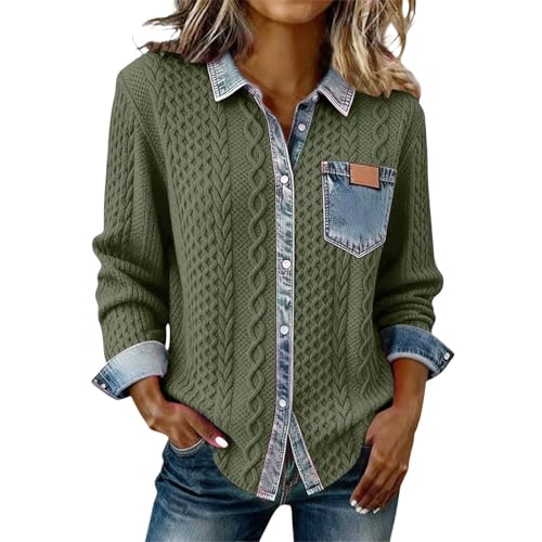 Camicia in Denim Patchwork Donna Chic Ed Elegante Manica Lunga Maglione Girocollo Tinta Unita Maglione Top Outdoor Grandi Taglie Abbigliamento per Primavera Autunno Inverno Giacca Moda, verde, S