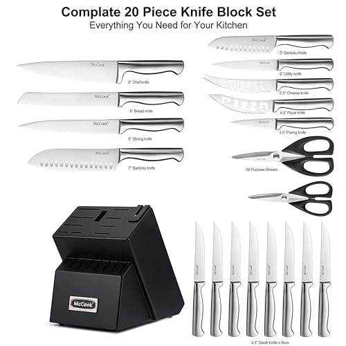 Image of McCook Knife Sets,German Stainless Steel Kitchen Knives Block Set with Built-in Sharpener, 20 Piece Razor-Sharp Kitchen Knives, Anti-Rust, Ergonomic Design, Elegant Box for Gift