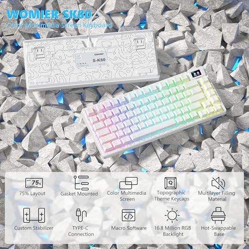 Image of Womier SK80 75% Percent Keyboard Gaming with Color Multimedia Display Mechanical Keyboard Topographic, Hot Swappable Gasket Mount RGB Creamy Key Board Pre-lubed POM Switch for Mac /Win,White