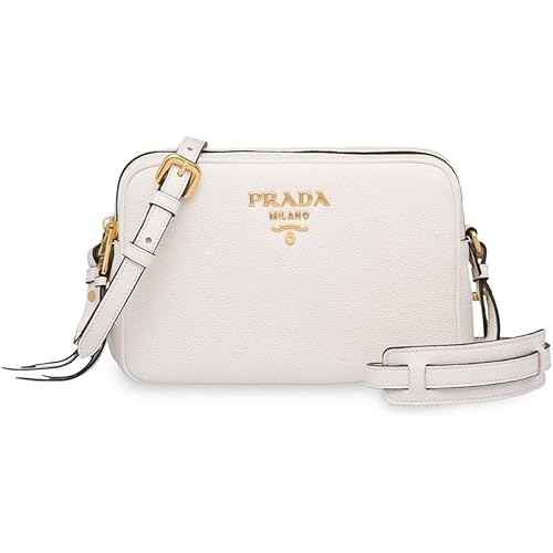 Prada Vitello Phenix White Leather Double Zip Camera Crossbody Bag 1BH079, Gold Hardware, Adjustable Strap New