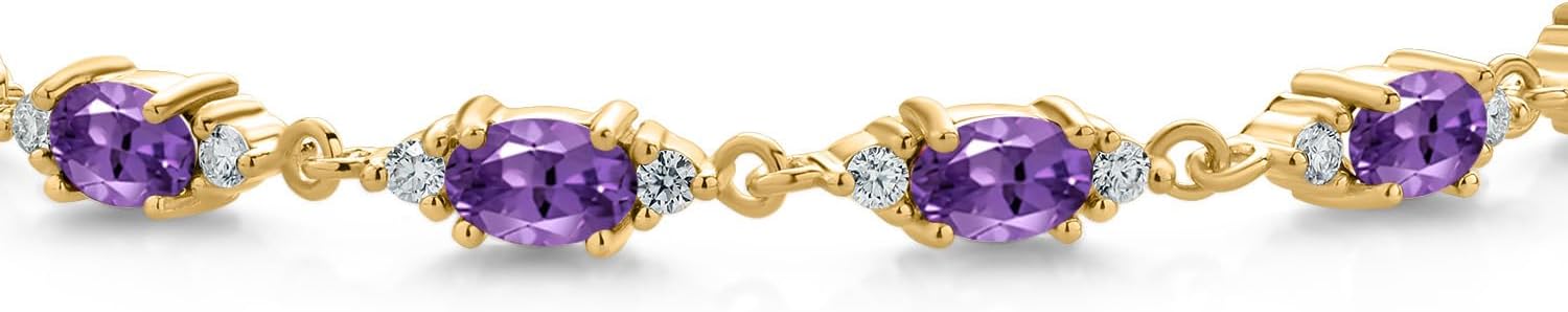 Gem Stone King 18K Yellow Gold Plated Silver Purple Amethyst and White Moissanite Tennis Bracelet For Women (6.31 Cttw, Gemstone Birthstone, Oval 6X4MM, 6.5, 7, 7.5 Inch) - Image 2