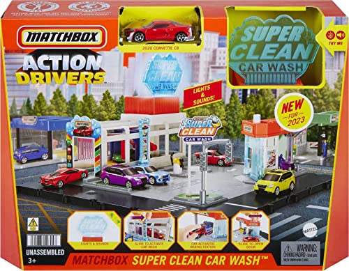 Mattel Matchbox Cars Playset, Action Drivers Super Clean Car Wash With 1 Toy Chevrolet Corvette In 1:64 Scale, Lights & Sounds #TOP5