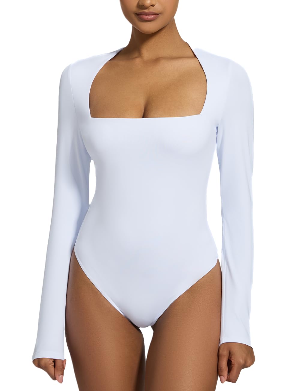 VICRUBU Women's Square Neck Long Sleeve Bodysuit Sexy Thong Double-Lined Tops