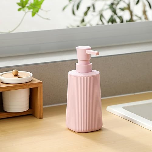 Miniatura 5 de Dispensador de jabón pequeño para baño y cocina, dispensador de jabón de manos de plástico moderno estilo granja a rayas con bomba rosa mate para