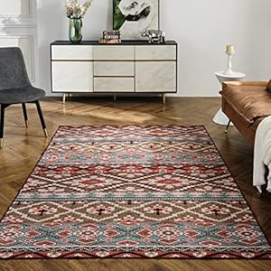 INGEROOM Washable Rug 5×7 Area Rugs Vintage Machine Washable Rugs for Living Room Boho Non-Slip Carpets for Bedroom and Kitchen Home Decor(Multi-Red)