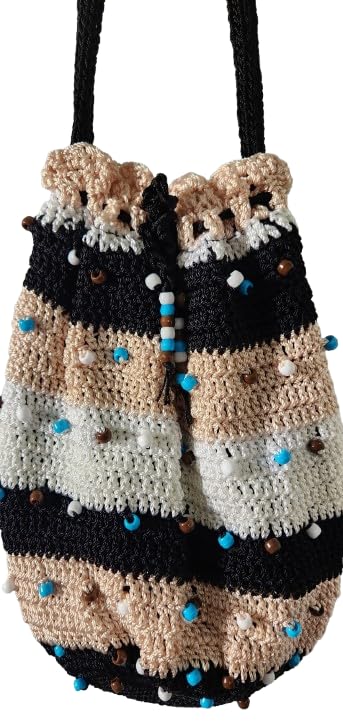 At Your Style Handmade Beaded Crochet Drawstring Bag – Striped Black, Beige, and White Boho Shoulder Bag with Colorful Beads