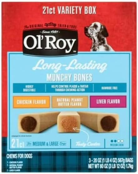 Ol'~Roy Long-Lasting Munchy Bone Dog Treats, Variety Pack with Chicken, Peanut Butter, Liver Flavors, 60 oz, 21 Count