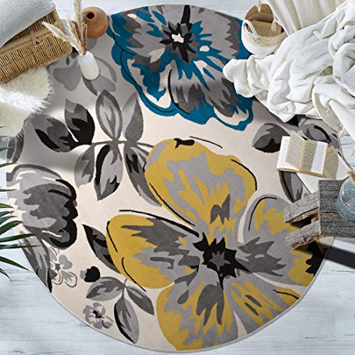 Modern Floral Round Rugs 6' 6" Cream (6' 6" Diameter)