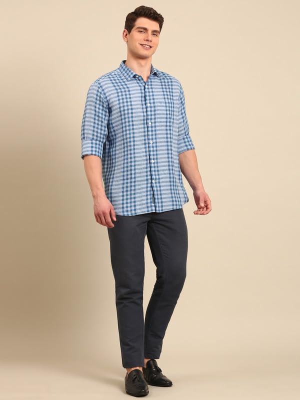 Image of Linen Club Men's Pure Linen Checked Contemporary Fit Full Sleeve Casual Shirt