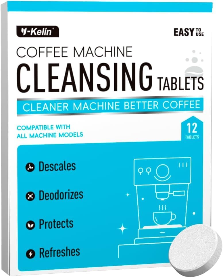 Y-Kelin Coffee Machine Cleaning and Descaler Tablets - 12 Pack Descaler for Coffee Makers Compatible with All Pot Espresso Machines Removes Stains & Oils