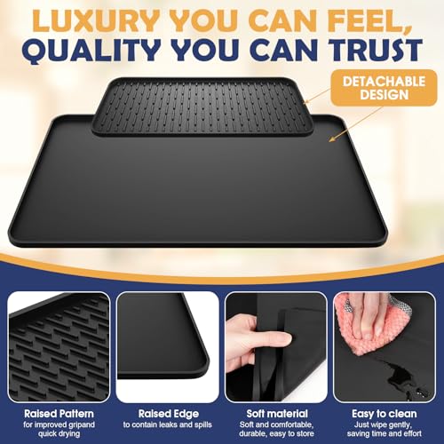 Raxfekro Silikonmatte Kaffeemaschine Unterlage 2-in-1 mit Abtropfmatte, 60x40cm Hitzebeständige rutschfeste Unterlage für Kaffeemaschine und Küche, Schwarz mit Konvexem Rand & 40x19 cm Abtropfmatte