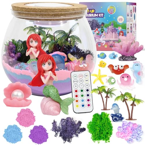lonfypeng Mermaid Terrarium Kit for Kids - LED Night Light Birthday Gift for Girls Ages 4 5 6 7 8-12 Year Old - Toys for Girls - DIY Arts and Crafts Kit for Kids - Best Girls Presents (Mermaid)