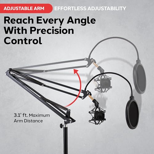 Image of Pyle Microphone Boom Suspension Stand - Adjustable Scissor Spring Arm Floor Mic Stand with Shock Mount, Pop Filter, 3.1 ft Arm Extension for Podcast, Studio, Streaming, Radio Broadcasting, Black