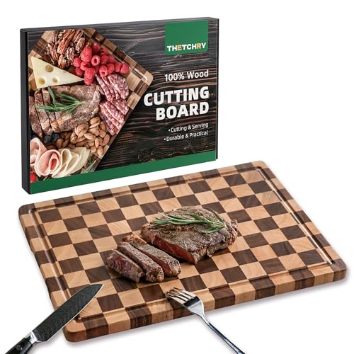 THETCHRY Cutting Boards for Kitchen, Checkered Cutting Board Upgraded, Acacia Wood Chopping Board with Juice Grooves & Handles, Large Butcher Block Serving Tray with Gift Box, 17'X12'X0.8'