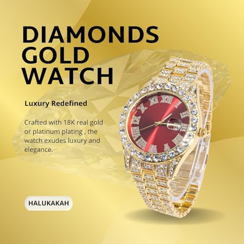 Halukakah Diamonds Gold Watch Iced Out for Boy Teens Kids - 18K Real Gold/Platinum Plated,42mm Blue/Green/Red Dial,Japanese Quartz - 8" Length - Optional with Cuban Link Chain,with Watch Adjuster Tool2