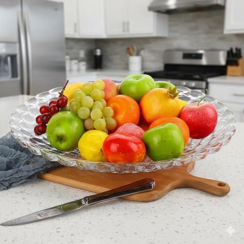 Image of Glass Fruit Plate 7 Inch, Set of 1, Decorative Scalloped Serving Dish for Kitchen Counter, Dining Table, & Centerpiece Decor Modern Textured Design for Snacks, Candy, Salad, & Home Use