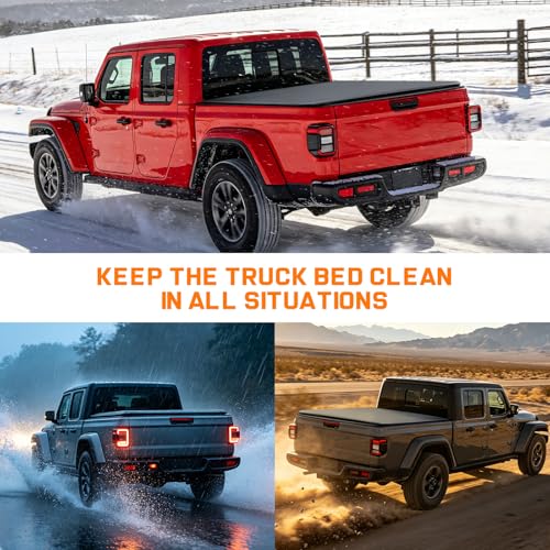 Image of RHOBRA Soft Roll-up Truck Bed Tonneau Cover Compatible with 2020-2026 Jeep Gladiator JT (w or w /o Track Rail System) 5ft Bed, 26.5oz Vinyl Soft Truck Bed Cover, Weather Resistant Bed Cover