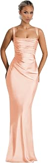 Women's Square Neck Satin Bridesmaid Dresses Long Formal Wedding Guest Dress Spaghetti Straps Maxi Dress