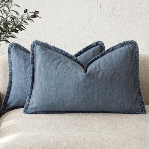 Image of Foindtower Set of 2 Decorative Linen Fringe Lumbar Throw Pillow Covers Farmhouse Cushion Cover with Tassels Soft Accent Pillowcase for Couch Sofa Bed Living Room Home Decor,12x20 Inch,Dark Blue