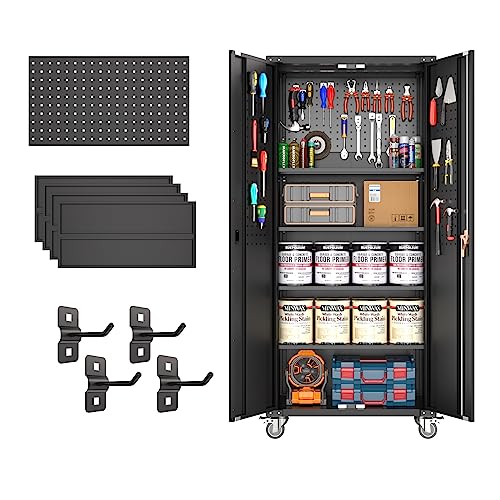 Aobabo 72 Inches Metal Garage Storage Cabinet On Wheels, Locking Steel Storage Cabinet With 1 Pegboard And 4 Adjustable Shelves, Assembly Required,Black… #TOP8