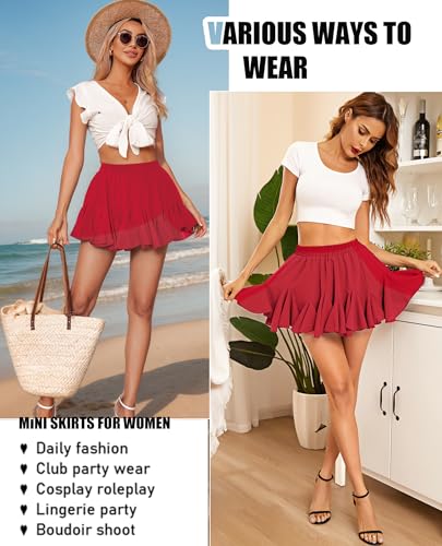 Image of Avidlove Women's Pleated Skirt Boho Ruffle Flowy Mini Skirts High Waisted Flared Skater Skirt Basic Outfits
