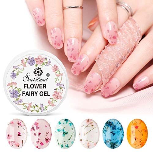Saviland Dried Flower Gel Nail Polish, 6 Colors Soak Off U V Led Nail Varnish Decoration Manicure Nail Art Design Kit (Pink Blue Yellow) #TOP28