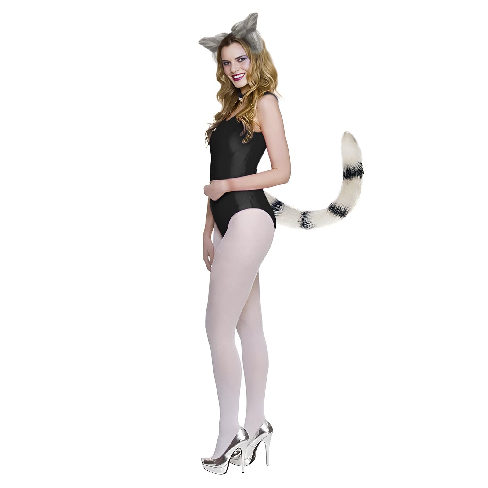 JIAHG 2Pcs Fuzzy Faux Fur Cat Ears Tail Set Plush Cute Adult Animal Wolf Fox Headband Tail Halloween Costume Accessories Dress Up Party Cosplay Prop for Carnival Festival Stage Performance (Gray) - Image 3