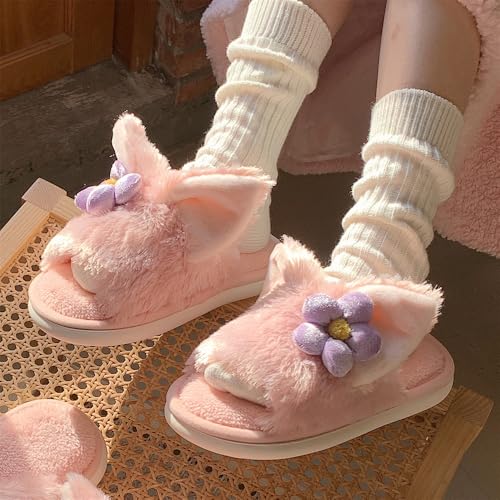 ZQW Pink Cozy Plush Animal Slippers Fluffy Fuzzy Fox Ears Slip On Slides Soft Warm Closed Toe Indoor Shoes for Women Winter3
