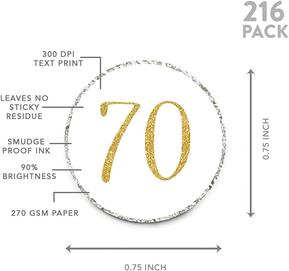 Andaz Press Gold Glitter Print Chocolate Drop Labels Stickers, Cheers 70, Happy 70th Birthday, Anniversary, Reunion, White, 216-Pack, Not Real Glitter, for Kisses Party Favors