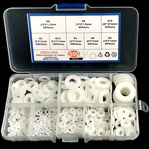 Greluma 500 Piezas M2 M2.5 M3 M4 M5 M6 M8 M10 Arandela de plástico Nylon Juego de surtido de tornillos de arandela plana, Blanco